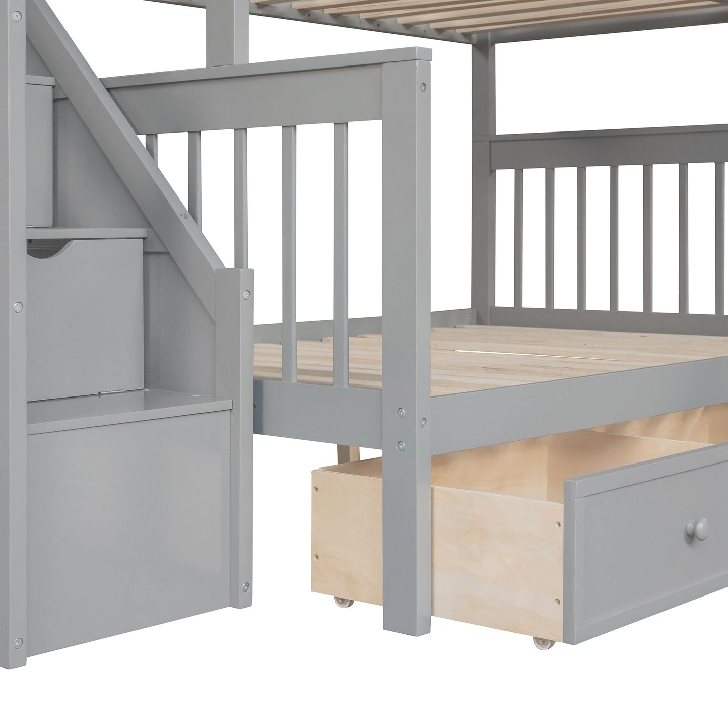 L-Shaped Twin Over Full Wood Bunk Bed with Drawers, Ladder and Staircase, Gray | Just Better Bunk Beds