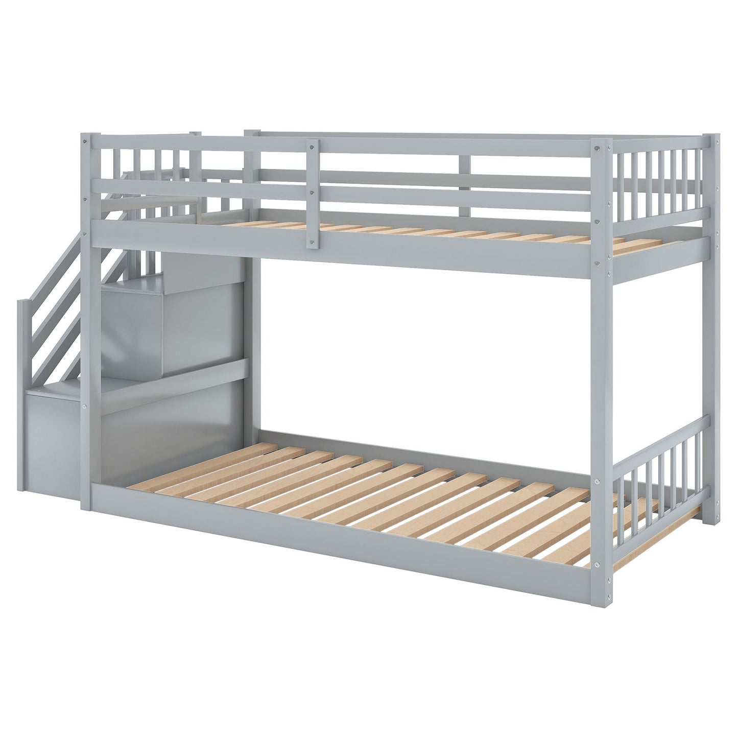 Floor-Level Twin Over Twin Wood Bunk Bed with Ladder and Storage, White | Just Better Bunk Beds