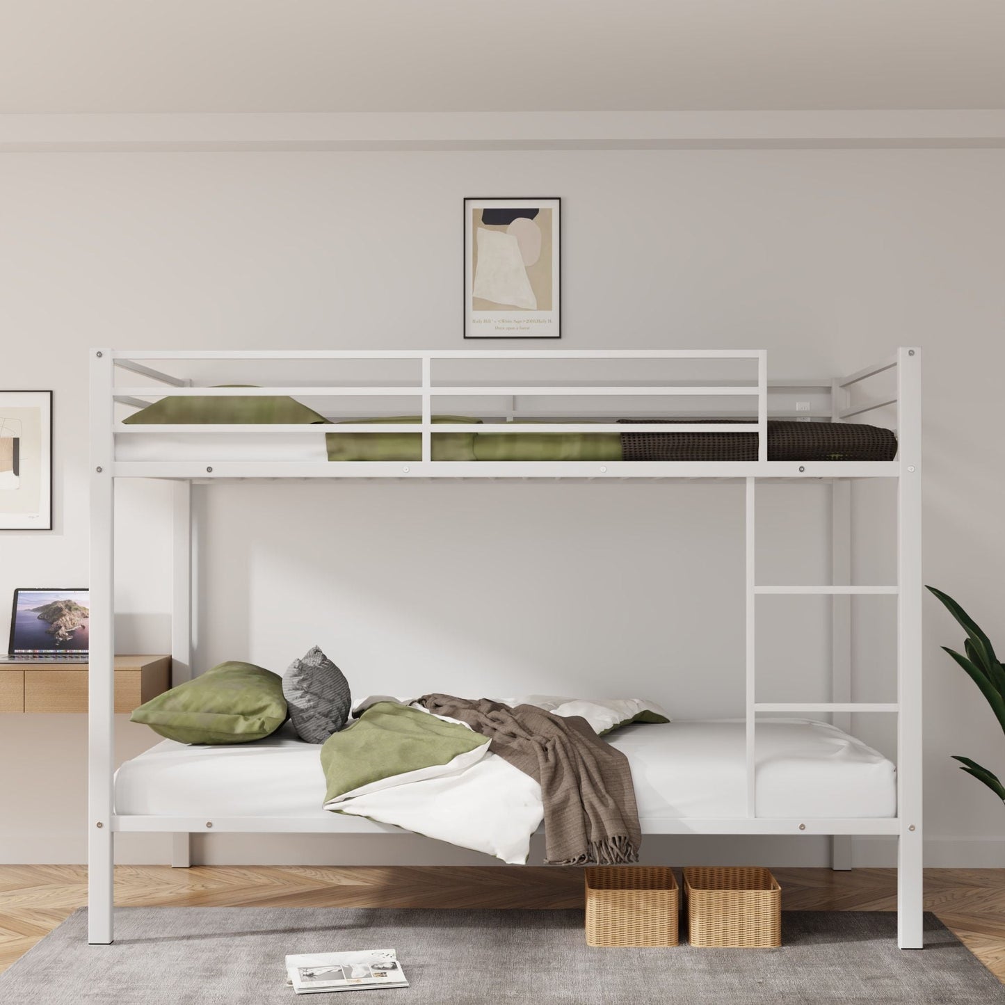 Space-Saving Low Profile Twin Over Twin Metal Bunk Bed with Ladder, White | Just Better Bunk Beds