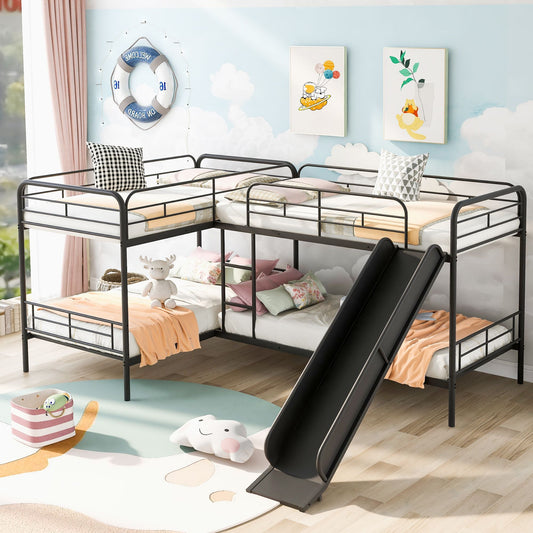 Twin Size L-Shaped Bunk Bed with Slide and Ladder,  Black
