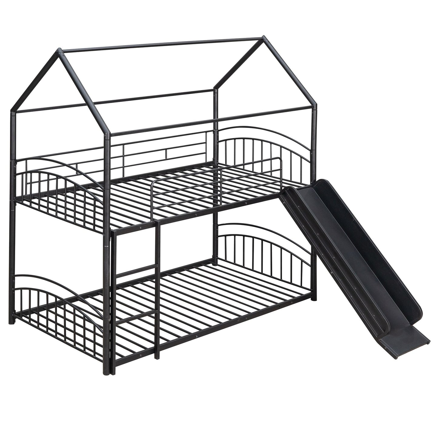 Kids Bedroom Twin Over Twin Metal Bunk Bed with Slide, Black | Just Better Bunk Beds