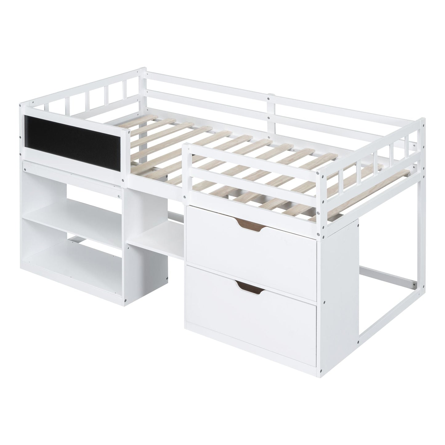 Space-Saving Twin Low Loft Wood Bed with Rolling Desk, Shelf, Drawers, White | Just Better Bunk Beds