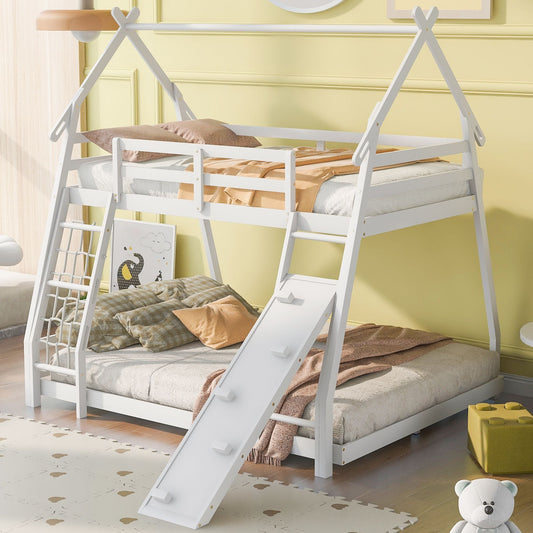 House-Style Twin Over Queen Wood Bunk Bed with Climbing Nets and Ramp, White | Just Better Bunk Beds