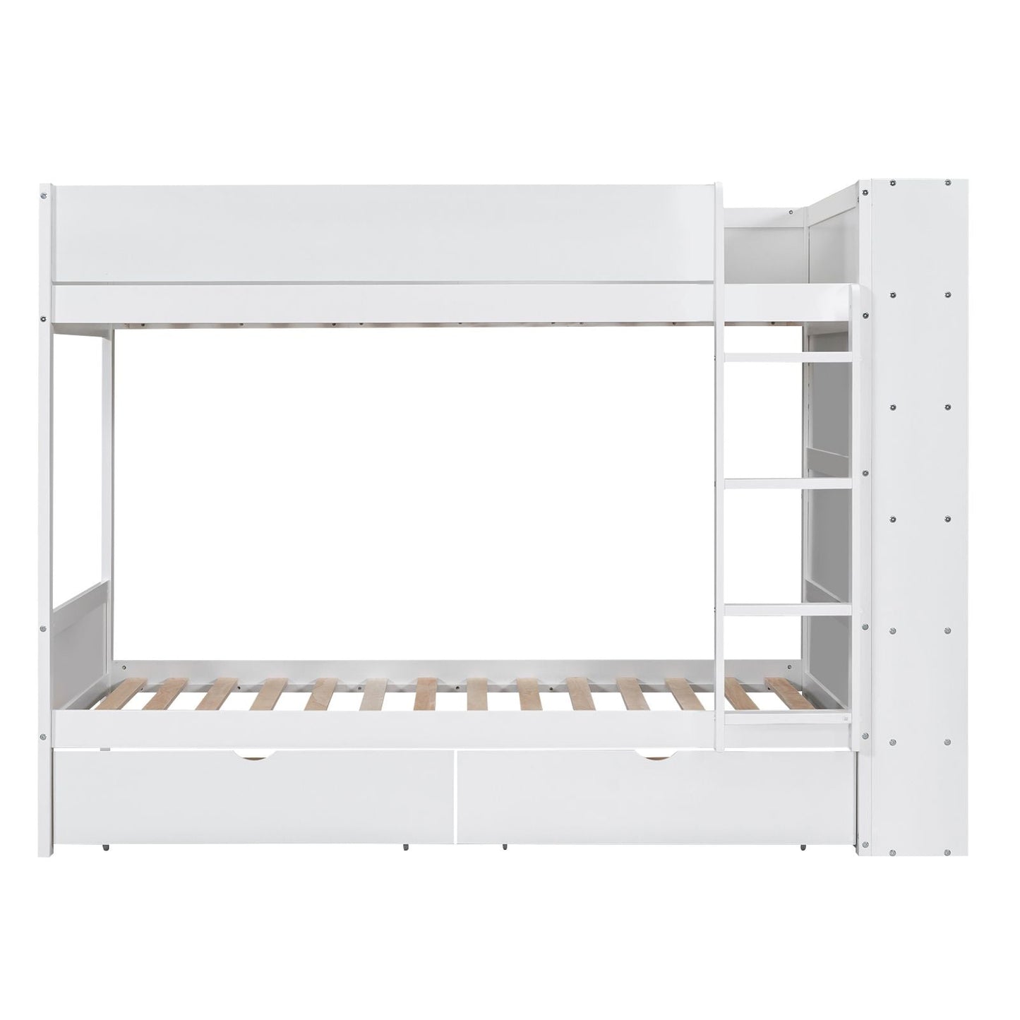 Storage Twin Over Twin Wood Bunk Bed with 2 Drawers and Multi-Layer Cabinet, White | Just Better Bunk Beds