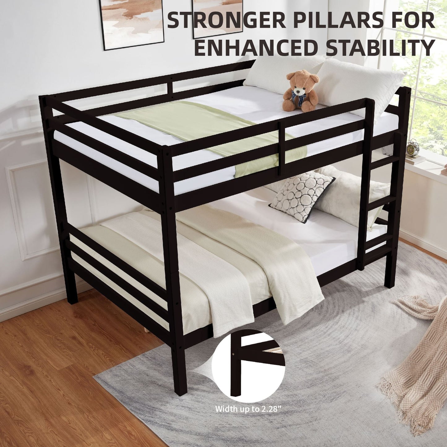 Durable Full Over Full Wood Bunk Bed with Thick Posts, High Guardrail, Ladder, Espresso | Just Better Bunk Beds