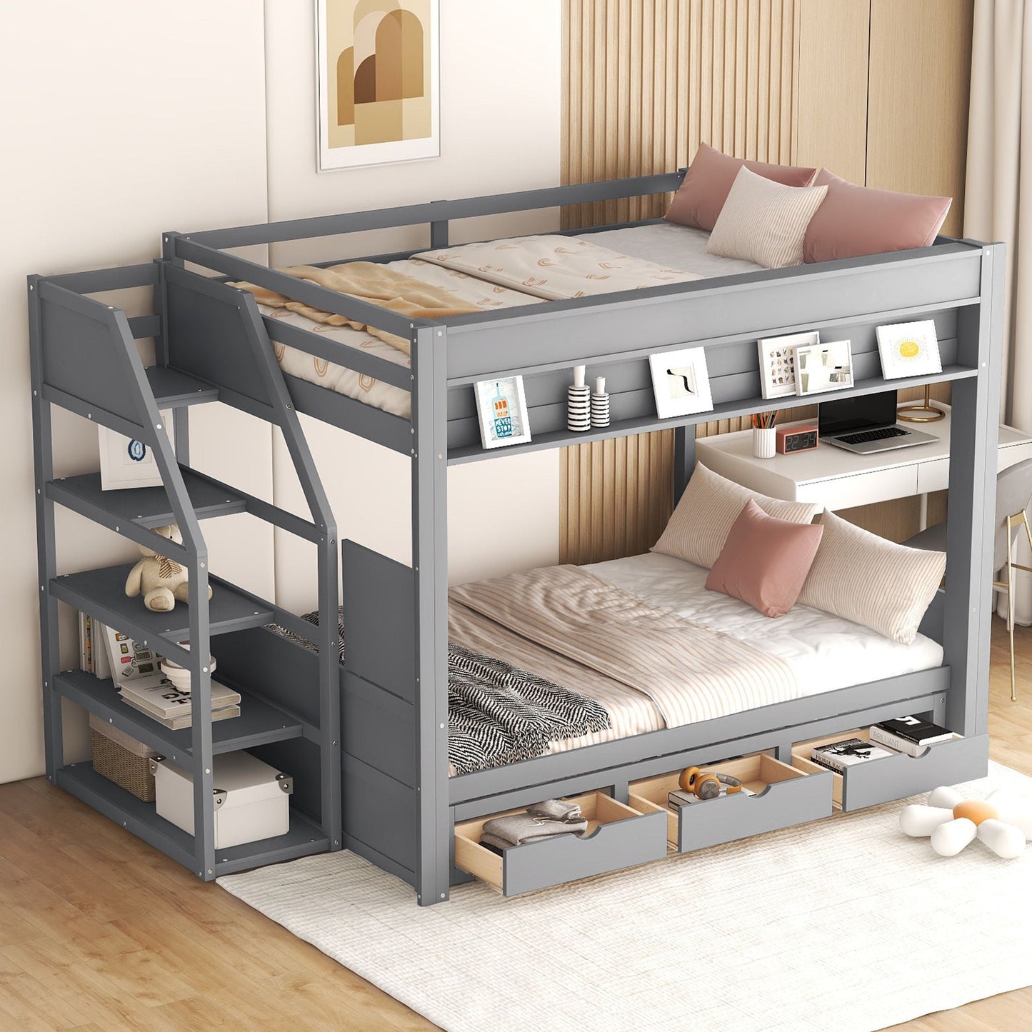 Convertible Full Wood Bunk Bed with Storage Staircase, Bedside Table, 3 Drawers, White | Just Better Bunk Beds