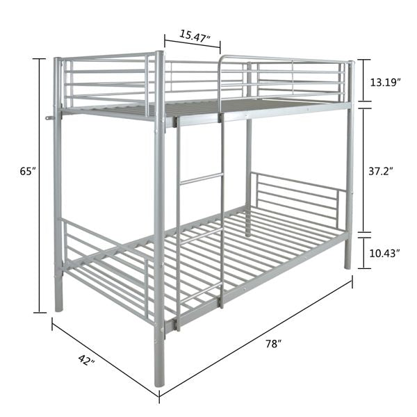 Twin Size Gray Iron Bunk Bed with Ladder for Kids - Stylish and Space-Saving Design