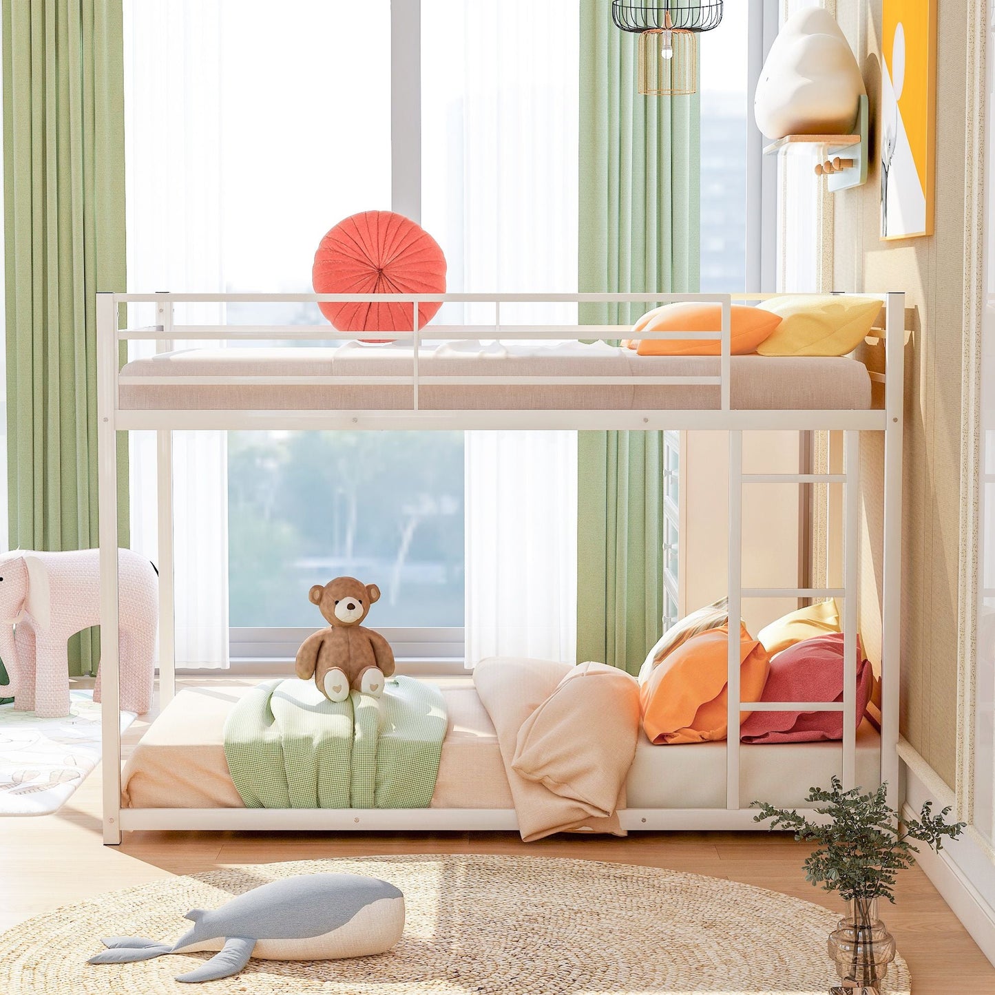 Low Profile Twin Over Twin Metal Bunk Bed with Ladder, White | Just Better Bunk Beds