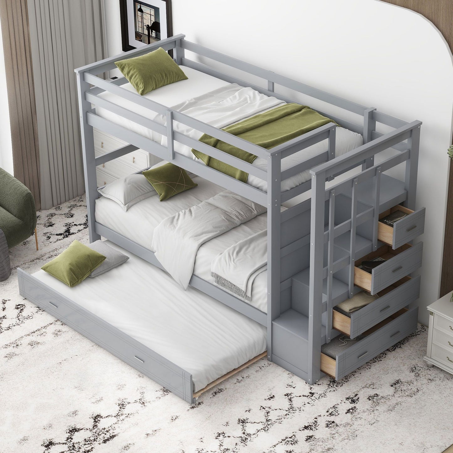 Shared Room Solution Twin Over Twin Wood Bunk Bed with Trundle and Staircase, Gray | Just Better Bunk Beds