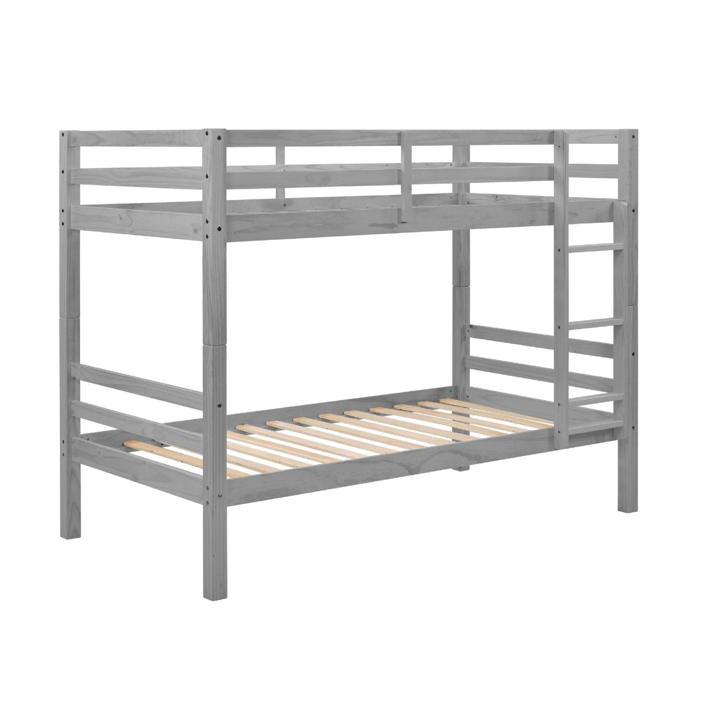Heavy-Duty Twin Over Twin Wood Bunk Bed, Gray with Thick Posts, Ladder, and High Guardrail | Just Better Bunk Beds