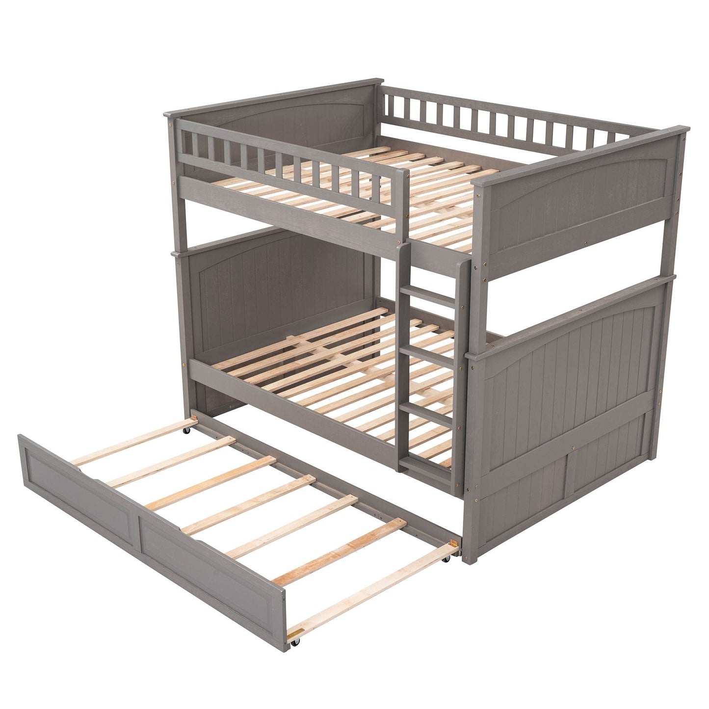 Shared Room Solution Full Over Full Pine Wood Bunk Bed with Twin Trundle and Guardrails, Brushed Gray | Just Better Bunk Beds
