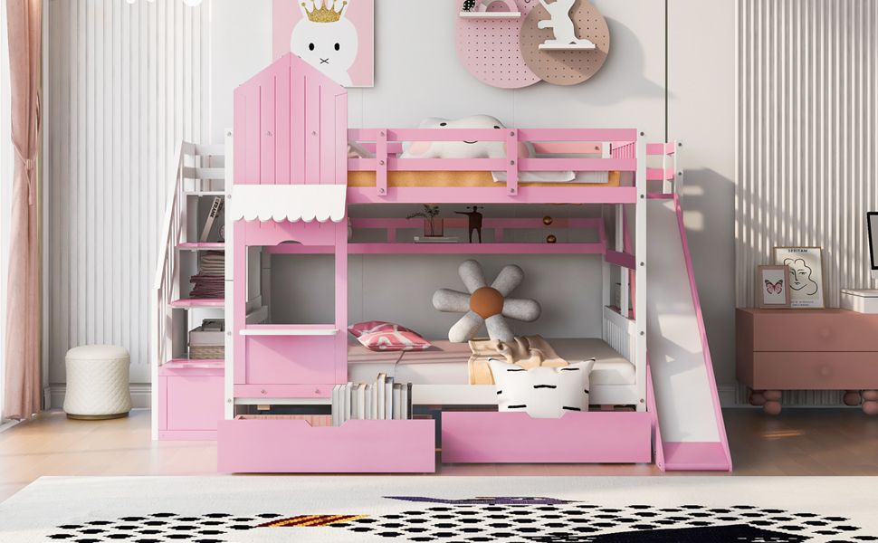 House-Style Full Over Full Wood Castle Bunk Bed with Drawers, Shelves, and Slide, Pink | Just Better Bunk Beds