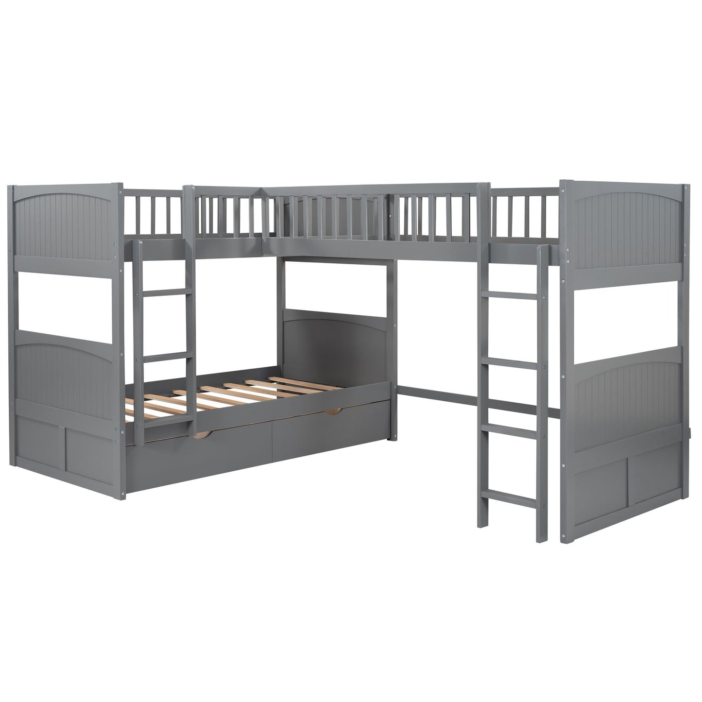 Space-Saving Twin Wood Bunk Bed with Loft and Two Drawers, Gray | Just Better Bunk Beds
