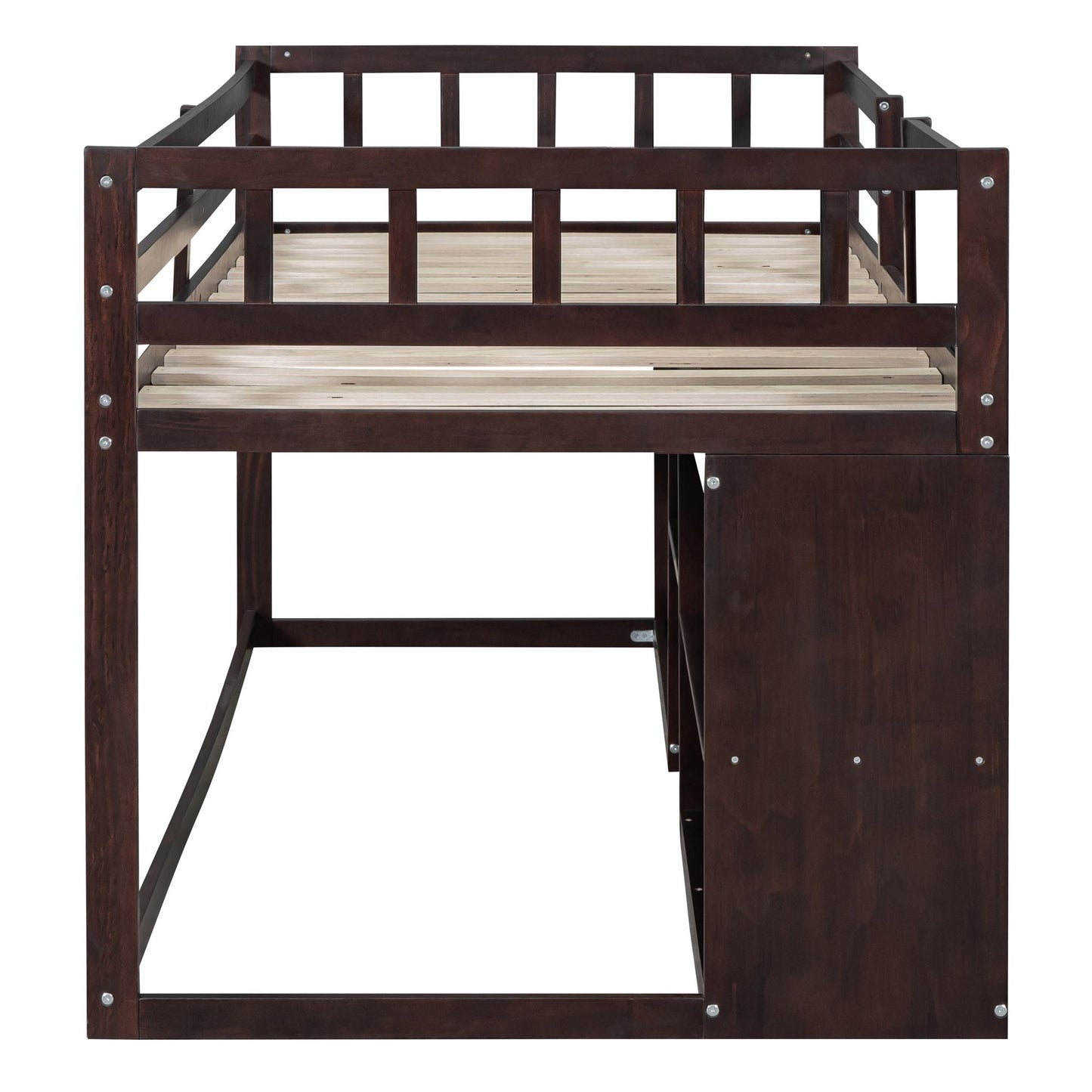 Space-Saving Twin Low Loft Wood Bed with Rolling Desk, Shelf, Drawers, White | Just Better Bunk Beds