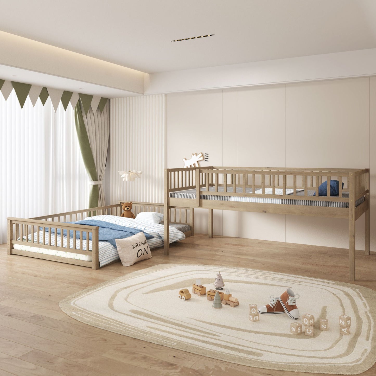 House-Style Full XL Over Queen Wood Bunk Bed with Ladder and Guardrails, Walnut | Just Better Bunk Beds