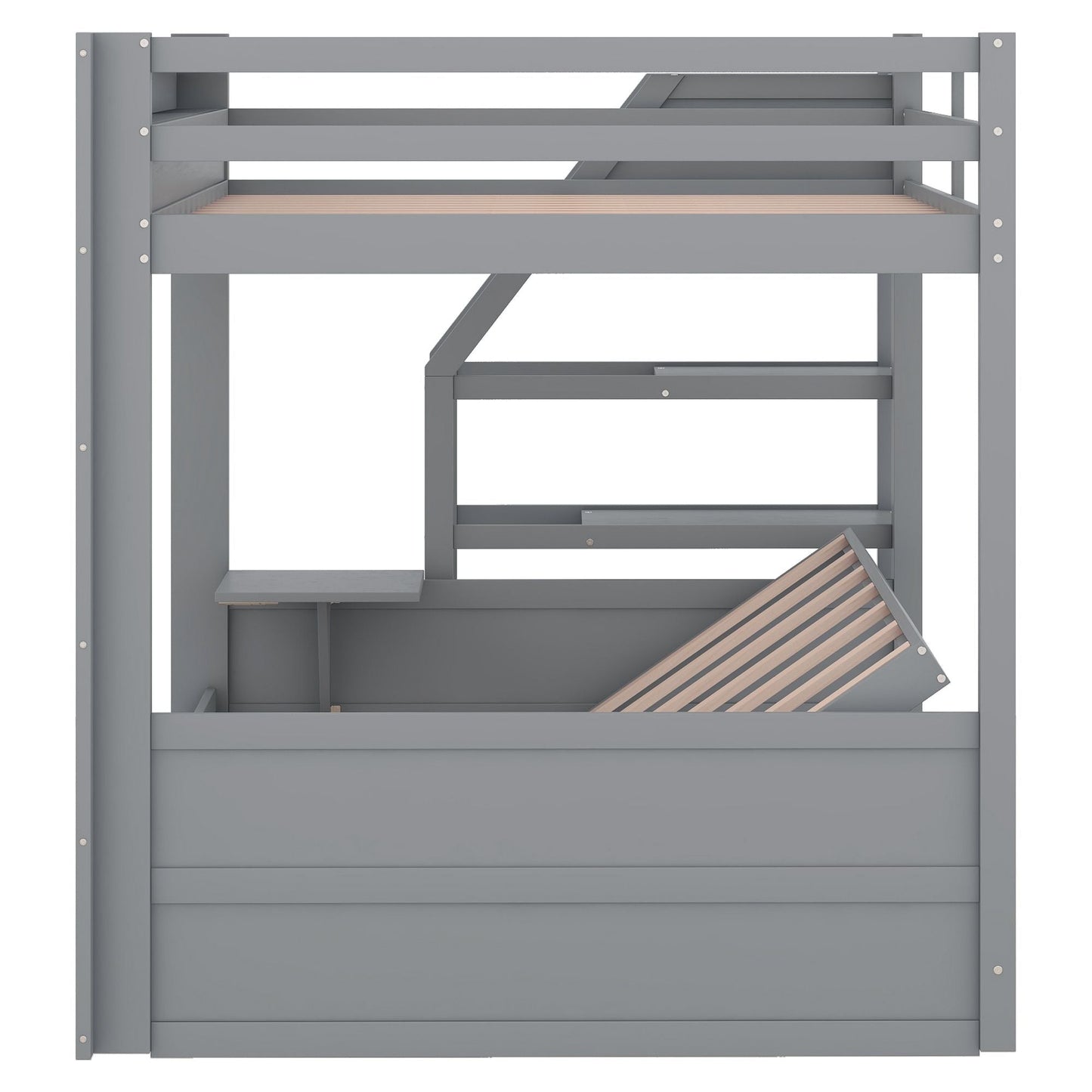 Convertible Full Wood Bunk Bed with Storage Staircase, Bedside Table, 3 Drawers, White | Just Better Bunk Beds
