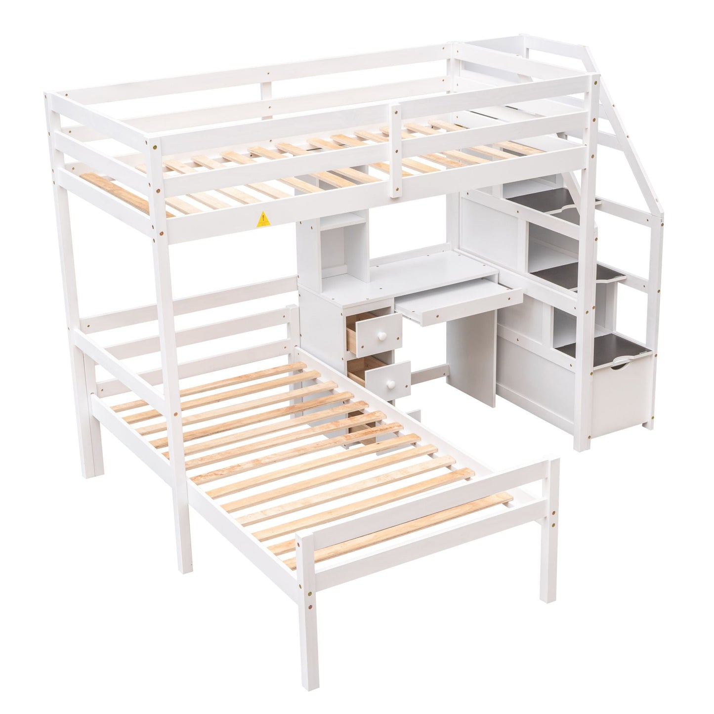 Space-Saving Twin Wood Loft Bed with Stand-Alone Bed, Storage Staircase, Desk, Shelves and Drawers, White | Just Better Bunk Beds