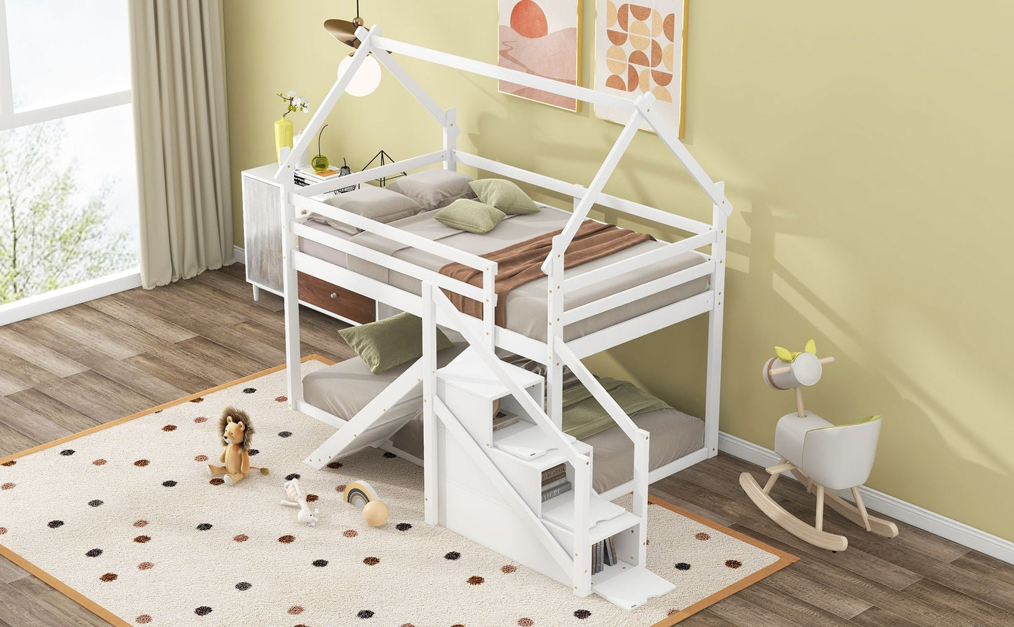 Kids Bedroom Twin Over Twin Wood House Loft Bed with Slide and Staircase, White | Just Better Bunk Beds