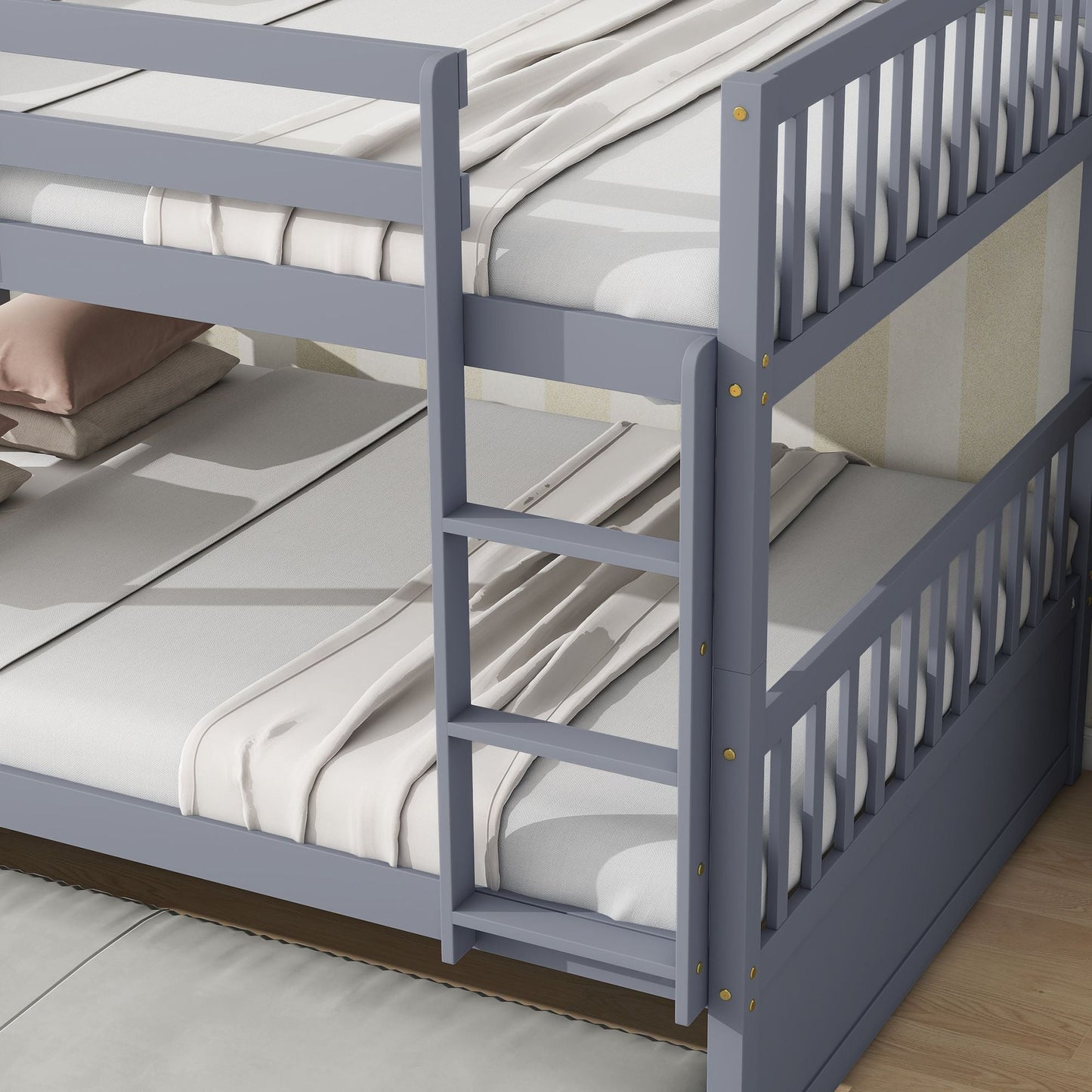 Convertible Full Over Full Rubber Wood Bunk Bed with Trundle, Ladder, and Guardrails, Gray | Just Better Bunk Beds