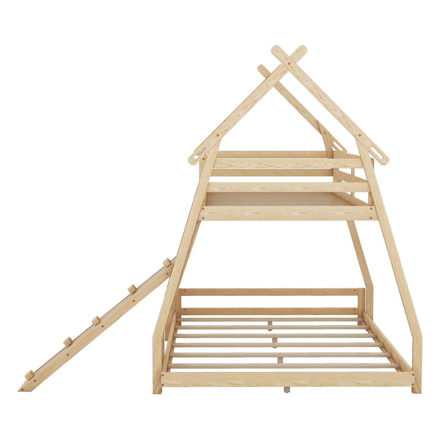Shared Room Solution Twin Over Queen Wood House Bunk Bed with Climbing Nets and Ramp, Natural | Just Better Bunk Beds