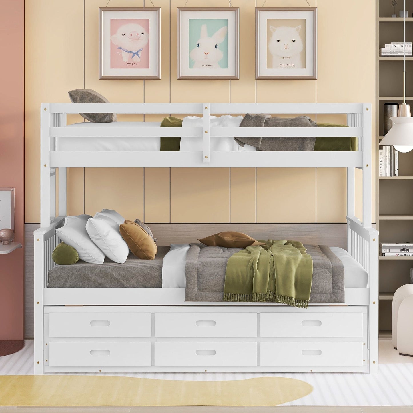 Separable Twin Over Full Wood Bunk Bed with Twin Trundle and Drawers, White | Just Better Bunk Beds