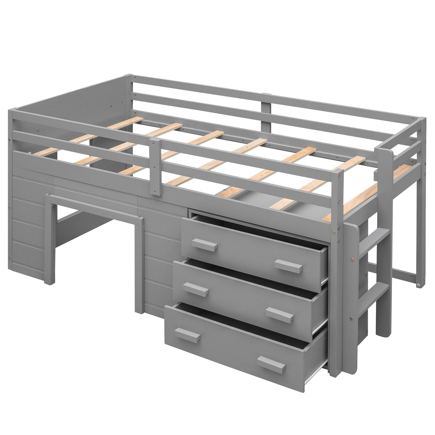 Kids Bedroom Twin Wood Loft Bed with Cabinet and Shelf, White | Just Better Bunk Beds