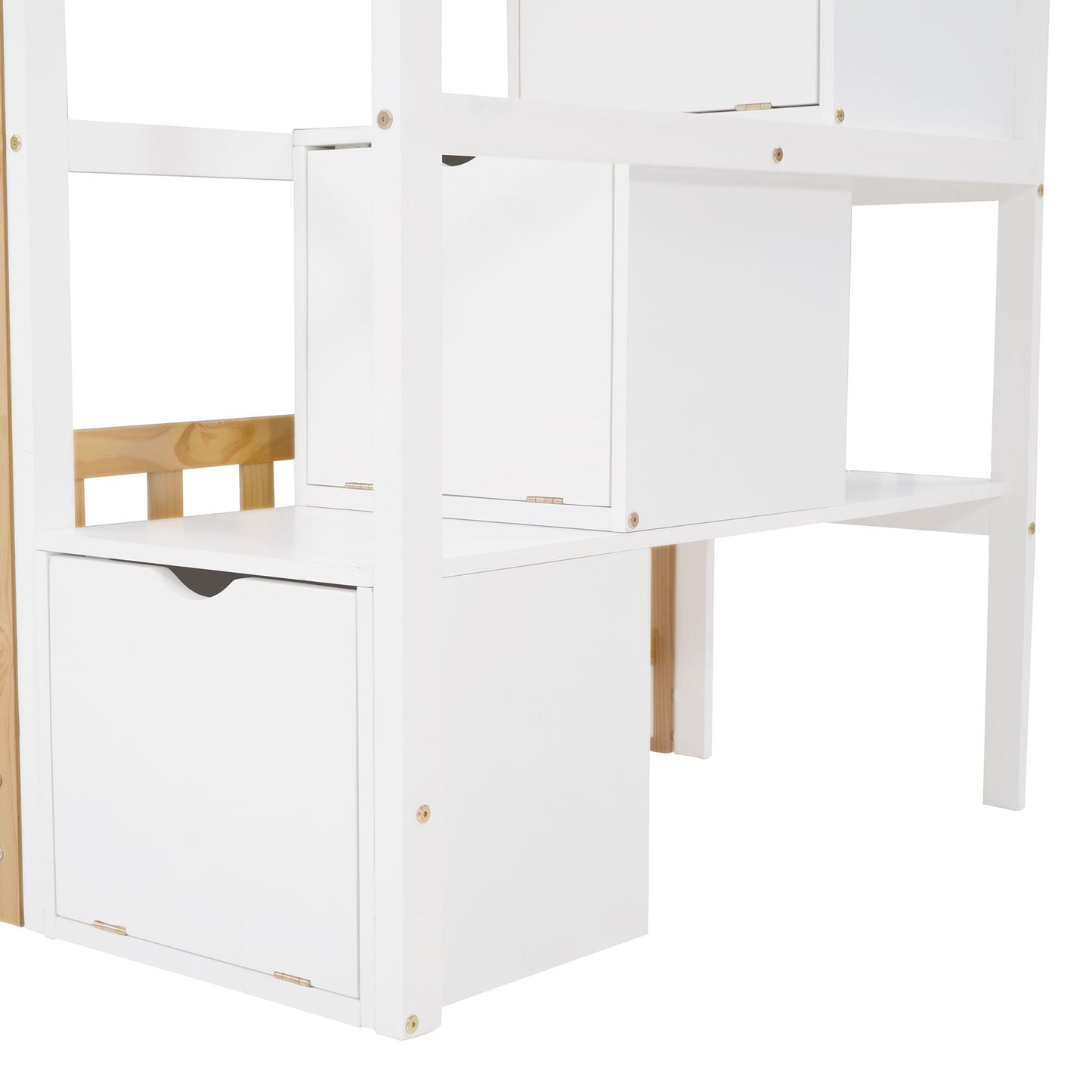 Staircase Storage Twin Over Twin Wood Bunk Bed with House Style, Storage, and Guard Rail, Natural and White | Just Better Bunk Beds