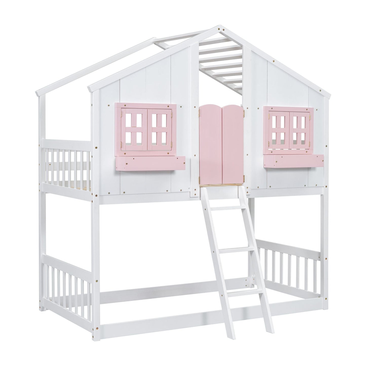 House-Style Twin Over Twin Wood Bunk Bed with Roof, Window, Door, and Ladder, Multiple Colors | Just Better Bunk Beds