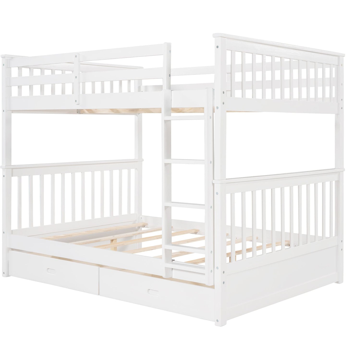Storage-Enhanced Full Over Full Wood Bunk Bed with Ladders, Two Drawers, White | Just Better Bunk Beds