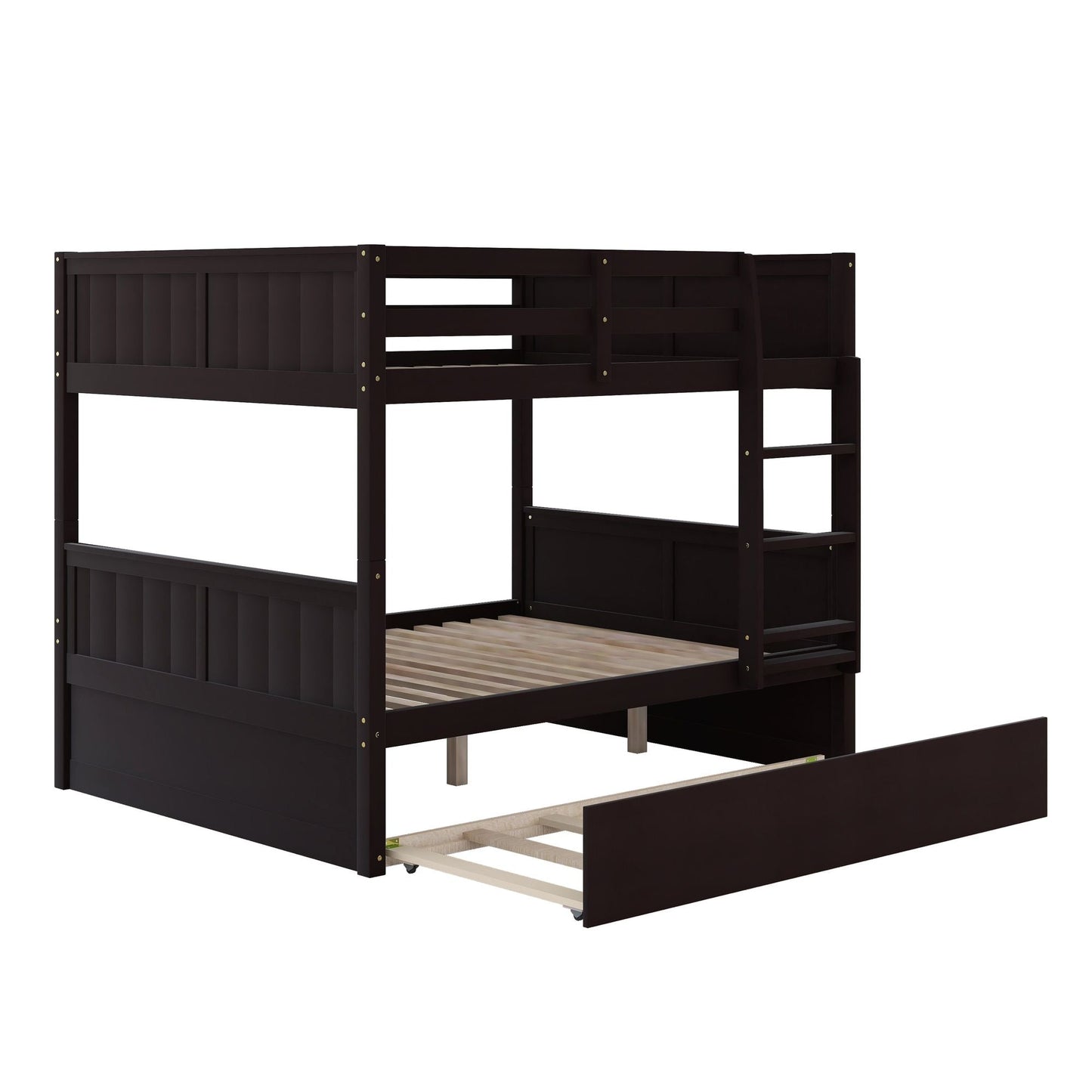 Space-Saving Full Over Full Wood Bunk Bed with Twin Trundle, Espresso | Just Better Bunk Beds