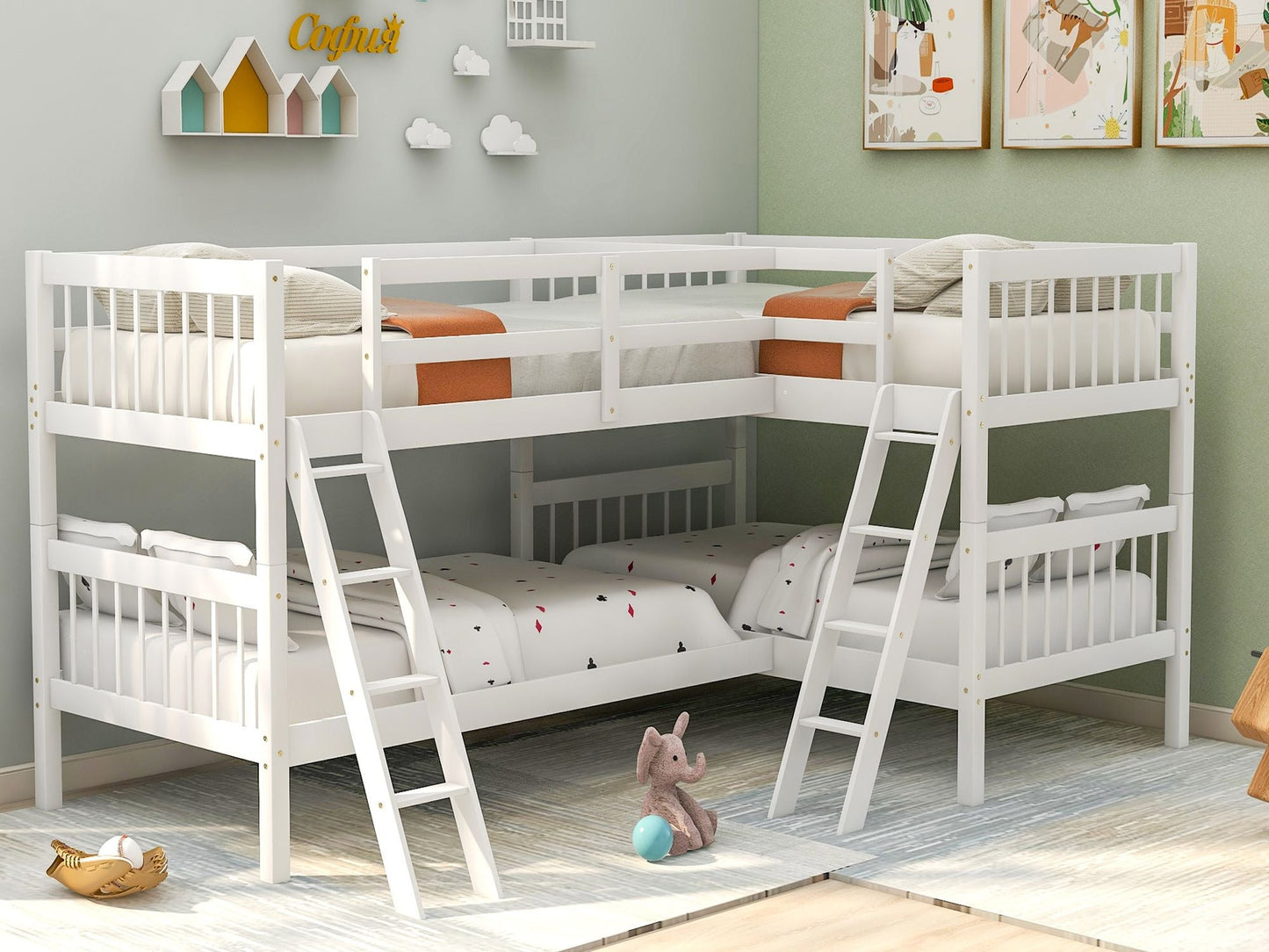 Space-Saving L-Shaped Twin Wood Bunk Bed with Ladder and Safety Guardrail, Gray | Just Better Bunk Beds