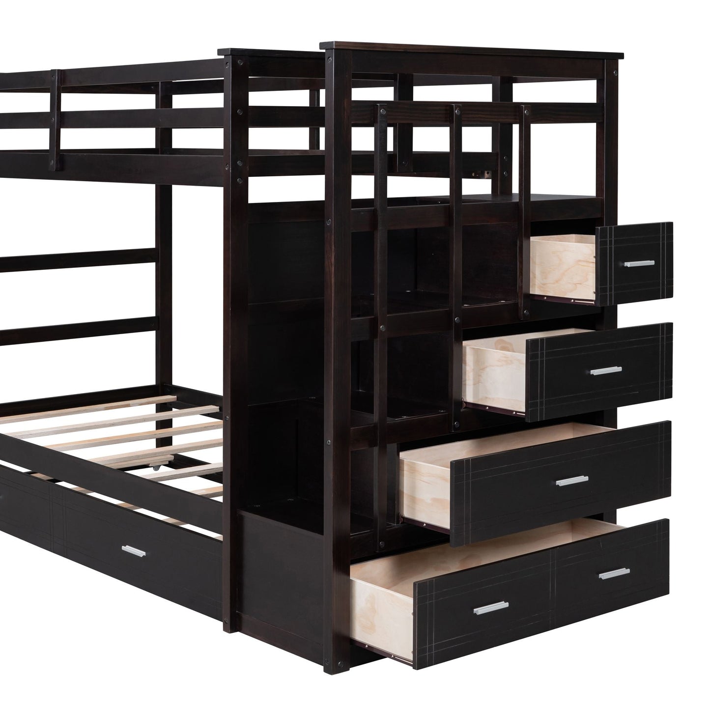 Shared Room Solution Twin Over Twin Wood Bunk Bed with Trundle and Staircase, Espresso | Just Better Bunk Beds