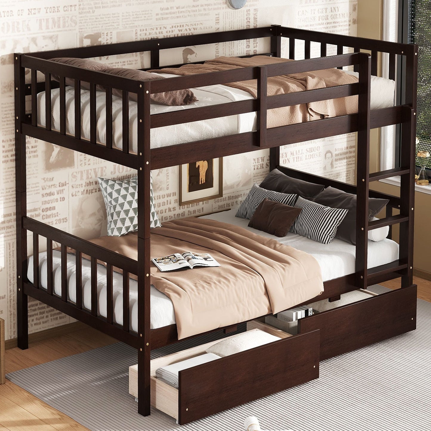 Convertible Twin Over Twin Rubber Wood Bunk Bed with 2 Drawers, Ladder, Safety Guardrails, Gray | Just Better Bunk Beds