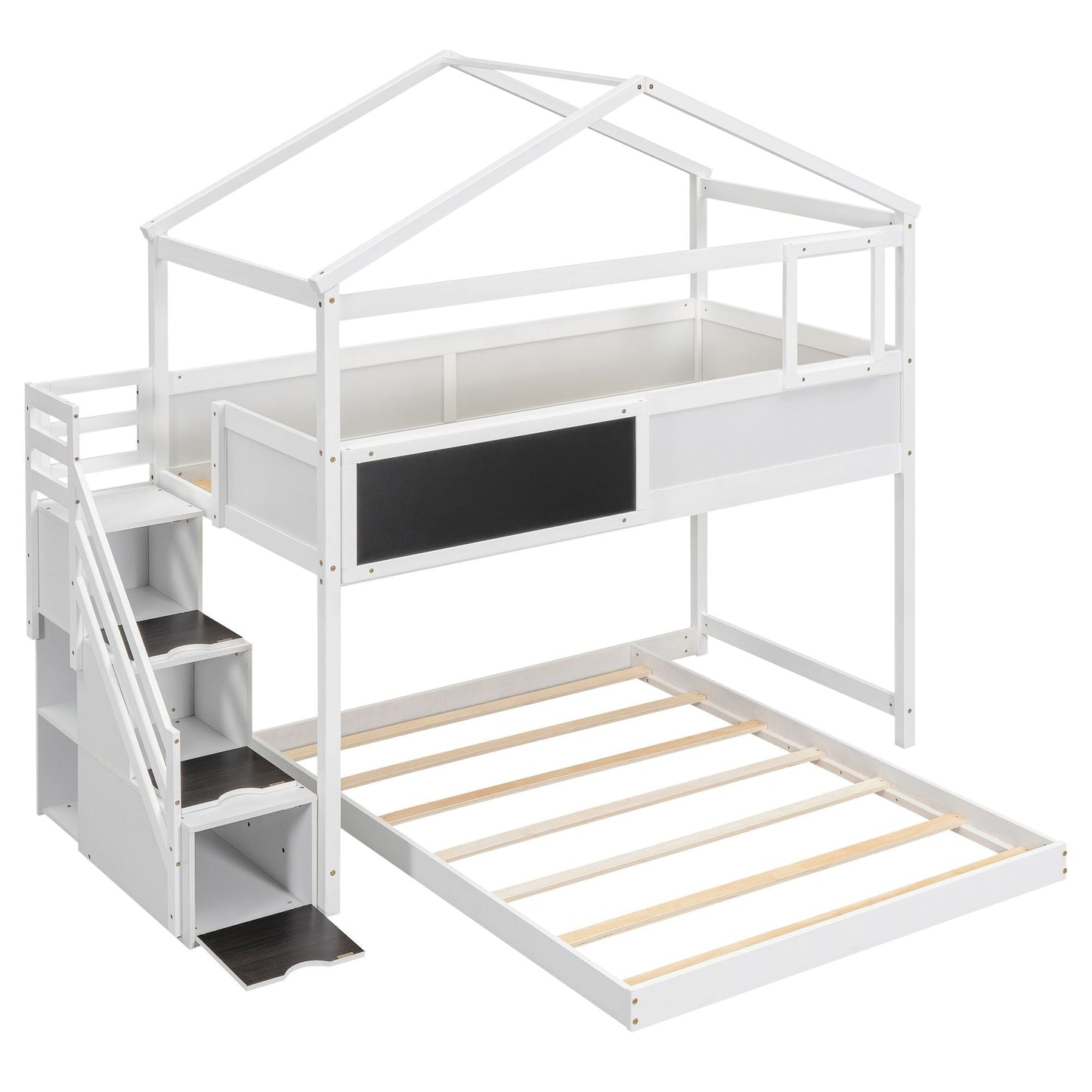Staircase Storage Twin Over Full Wood House Bunk Bed with Blackboard, Gray and White | Just Better Bunk Beds