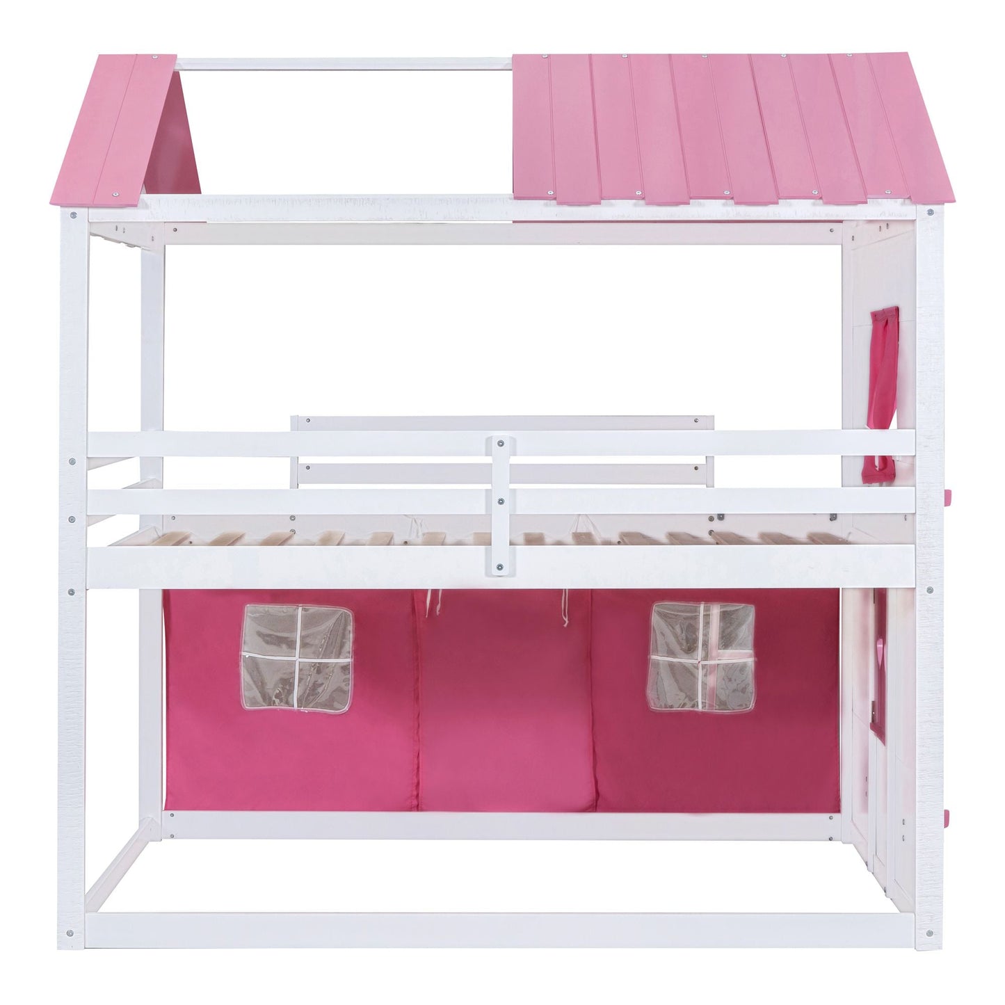 House-Style Full Wood Bunk Bed with Windows, Sills and Tent, Pink and White | Just Better Bunk Beds