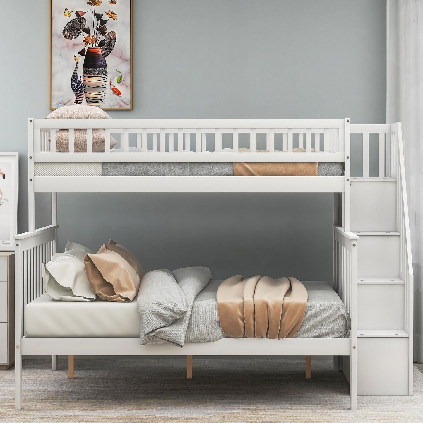 Twin over Full Stairway Bunk Bed with storage,  White