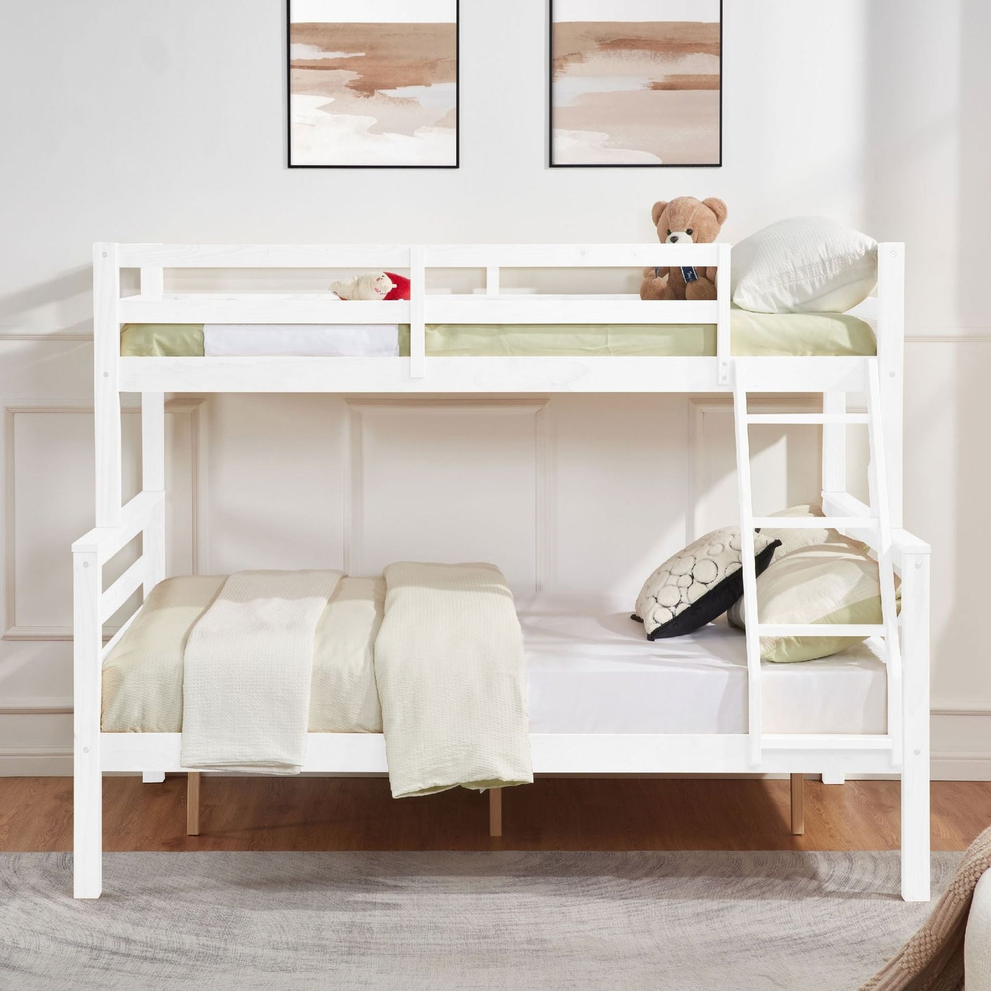 Kids Bedroom Twin Over Full Wood Bunk Bed with Thick Posts, High Guardrail, Ladder, White | Just Better Bunk Beds