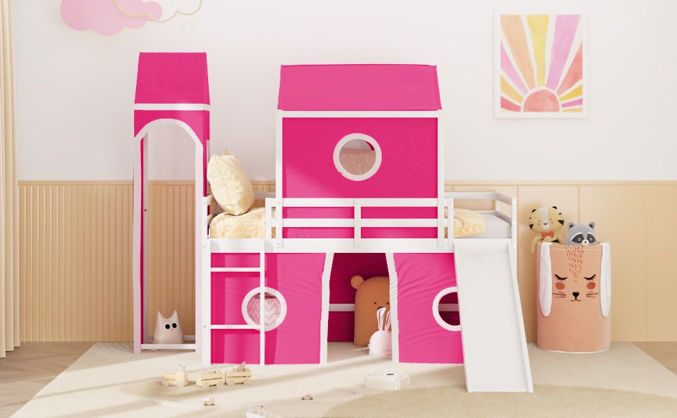 Kids Bedroom Twin Loft Bed with Slide, Pink Tent and Tower, Pink Wood | Just Better Bunk Beds
