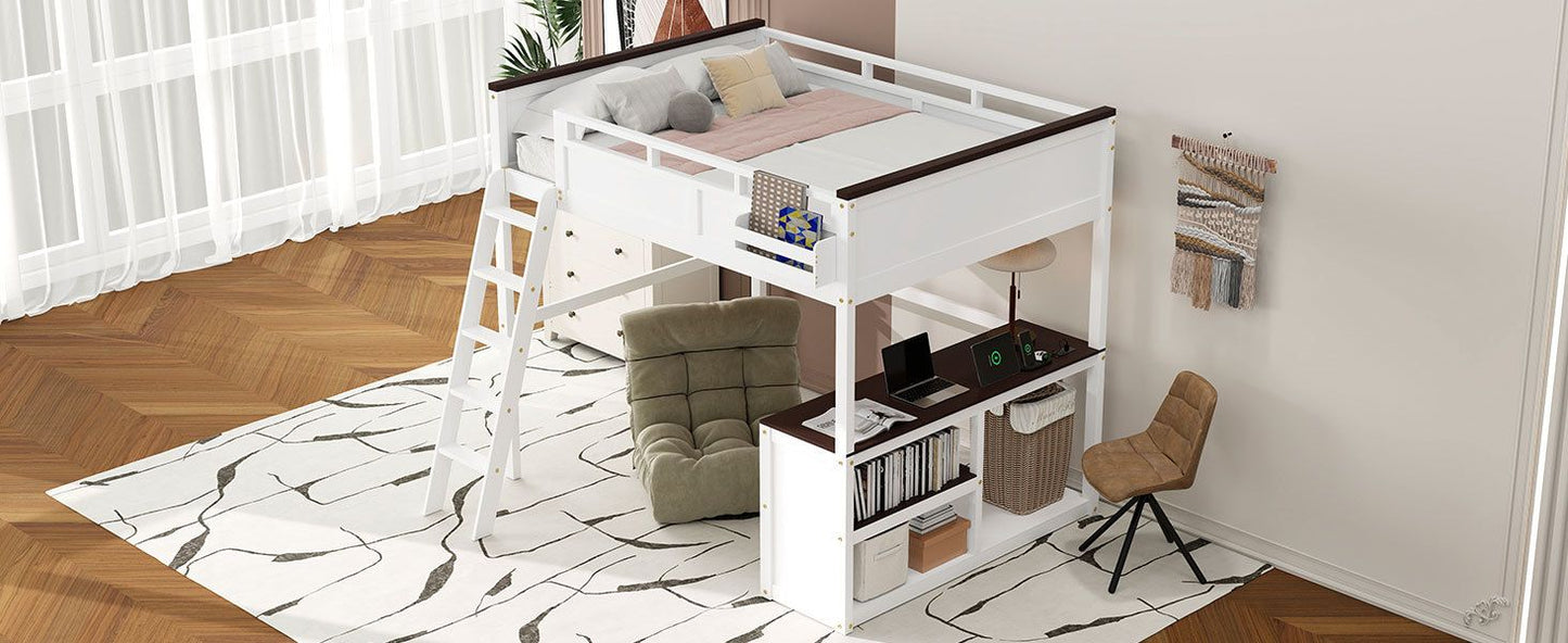 Space-Saving Queen Wood Loft Bed with Desk, Storage & USB Charging Station, White | Just Better Bunk Beds