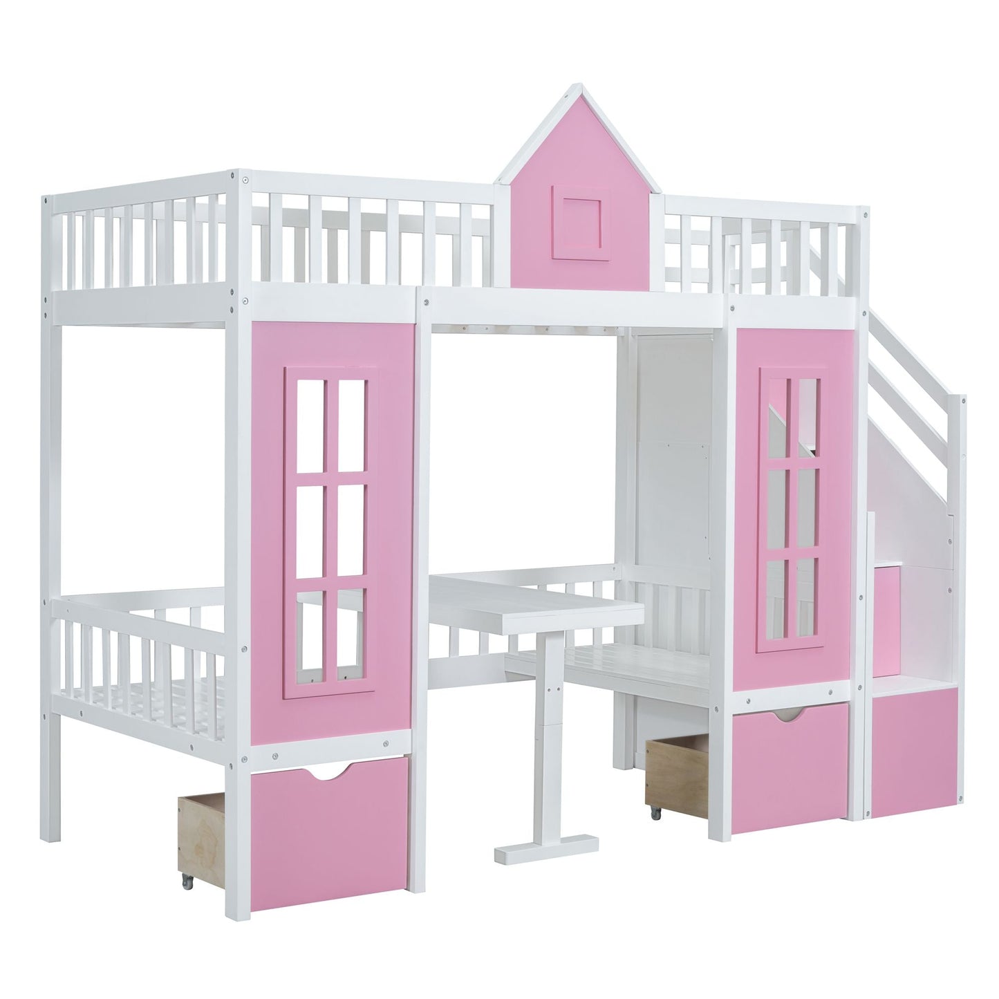 Space-Saving Twin Over Twin Wood Bunk Bed with Changeable Table, Upper Bed and Down Desk, Pink | Just Better Bunk Beds