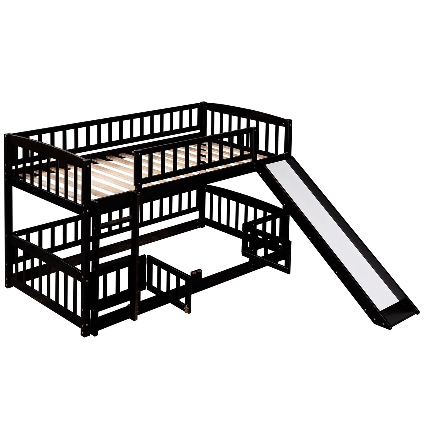 Kids Bedroom Twin Over Twin Wood Low Bunk Bed with Slide, Fence and Ladder, White | Just Better Bunk Beds