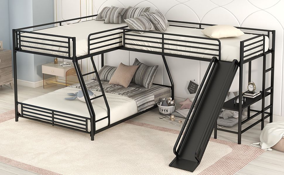 L-Shaped Twin over Full Bunk Bed with Twin Size Loft Bed, Built-in Desk and Slide, Black