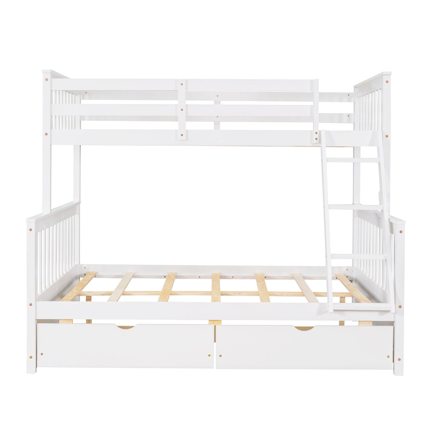 Heavy-Duty Twin Over Full Wood Bunk Bed with Ladders and Two Storage Drawers, White | Just Better Bunk Beds