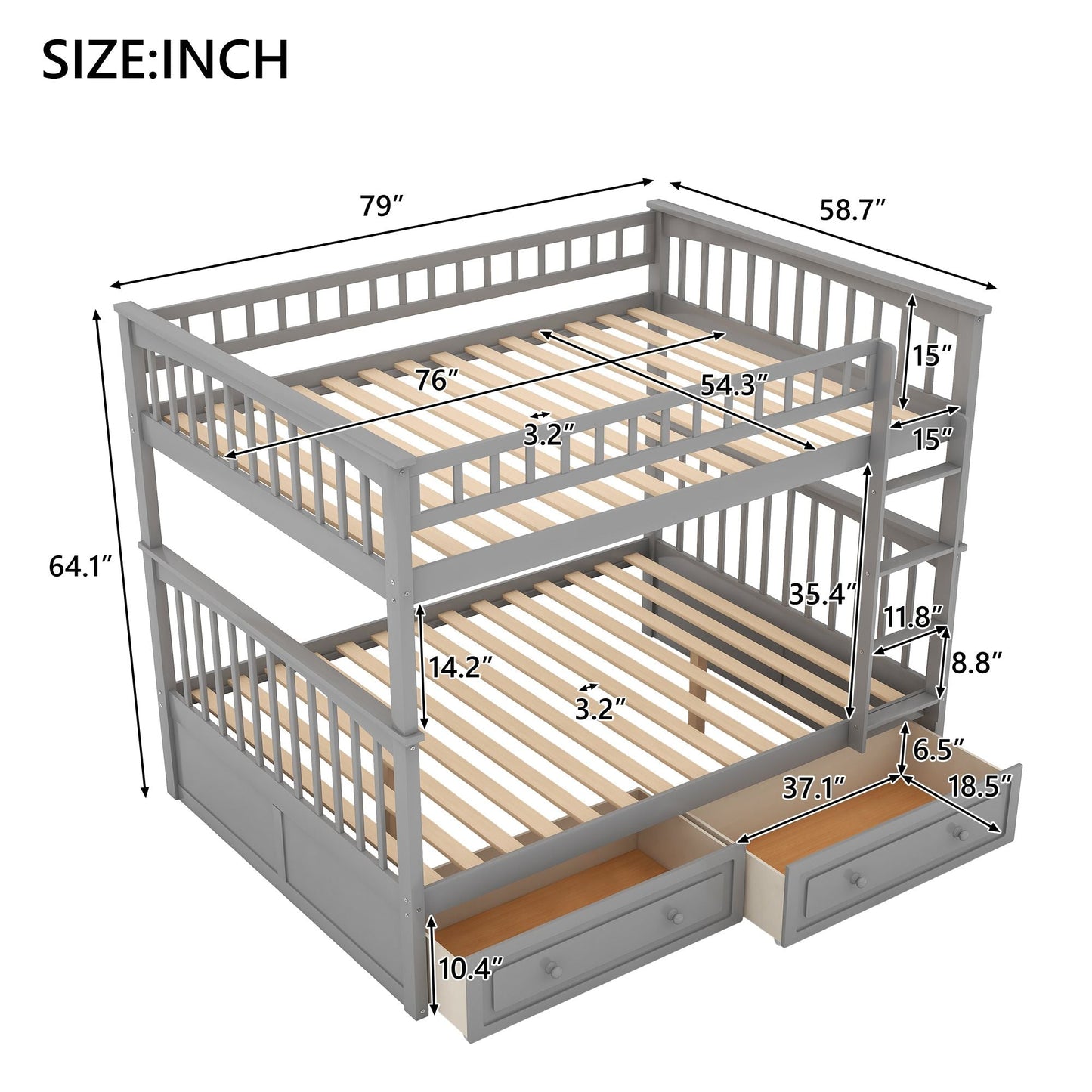 Convertible Full Over Full Wood Bunk Bed with Drawers, Gray | Just Better Bunk Beds