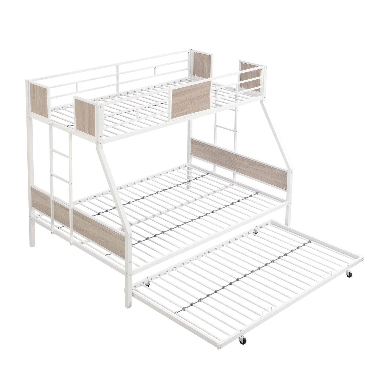 Twin Over FULL Metal Bunk Bed with Trundle 2 - Side Ladder and Full-Length Guardrail,  No Box Spring Needed,  Large Under Bed Storage,  Easy Assemble