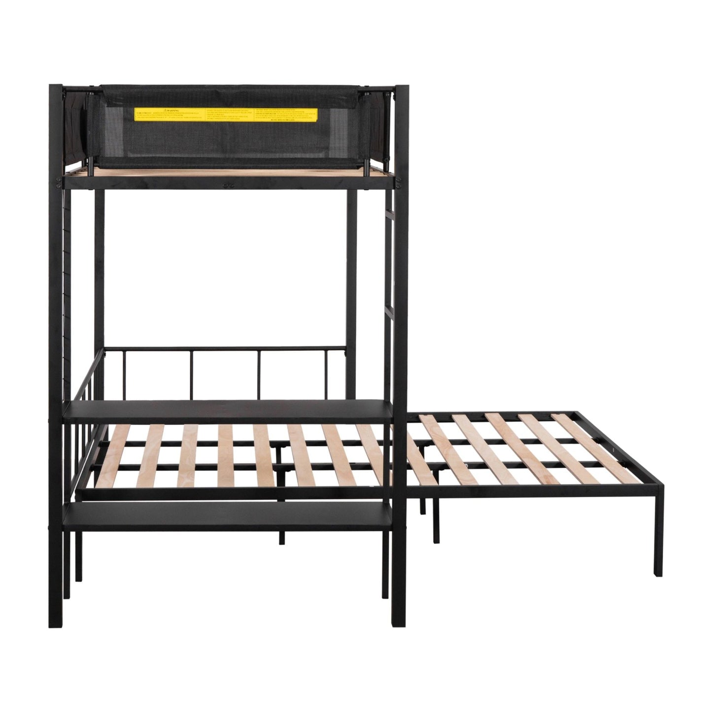 Heavy-Duty Twin Over Full Metal and Wood Bunk Bed with Shelves, Grid Panel, and Noise-Free Wood Slats, Black | Just Better Bunk Beds