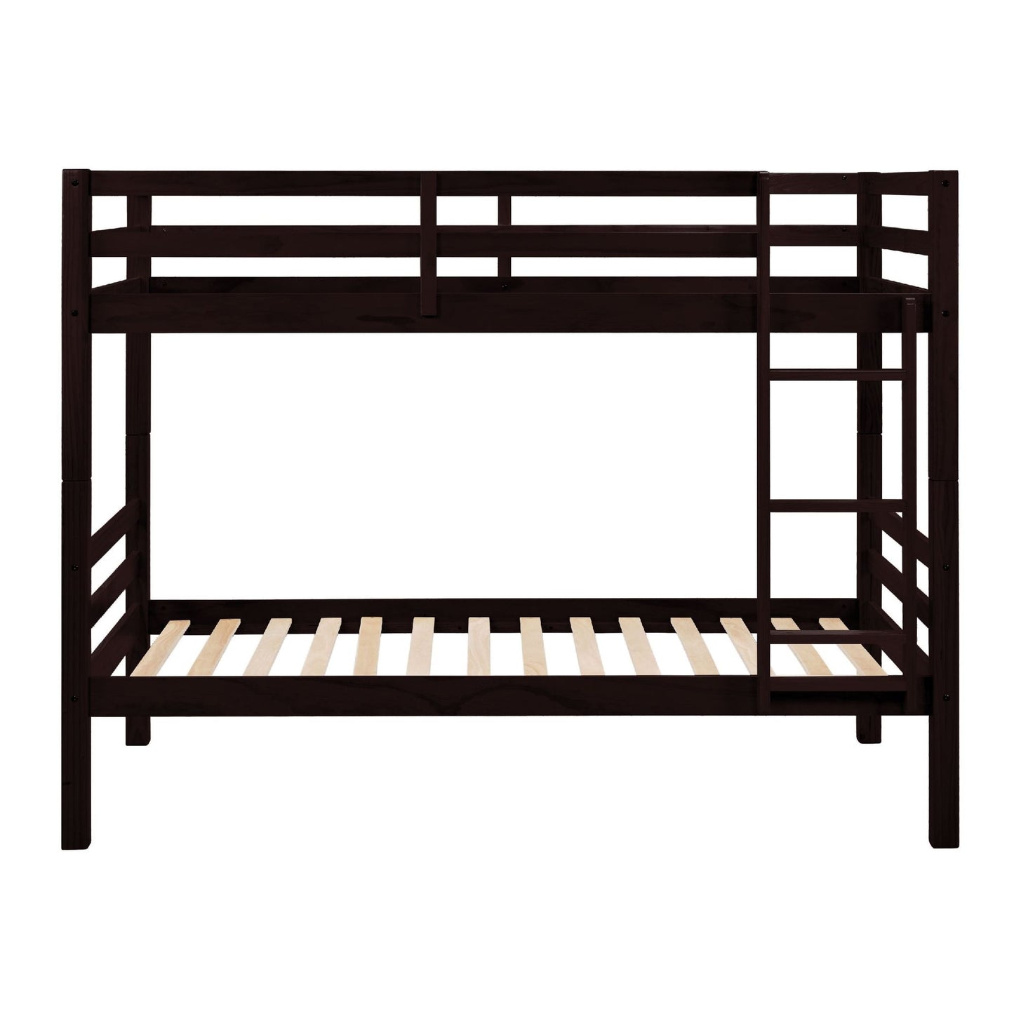 Heavy-Duty Twin Over Twin Wood Bunk Bed, Espresso with Thick Posts, Ladder, and High Guardrail | Just Better Bunk Beds