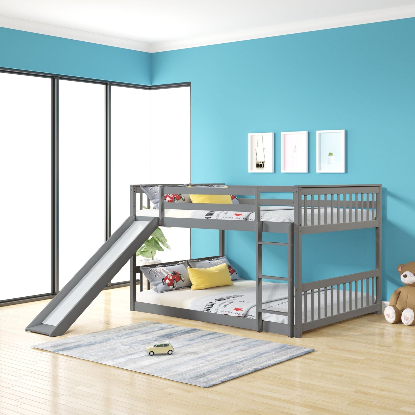 Space-Saving Full Over Full Wood Bunk Bed with Slide and Safety Guardrails, White | Just Better Bunk Beds