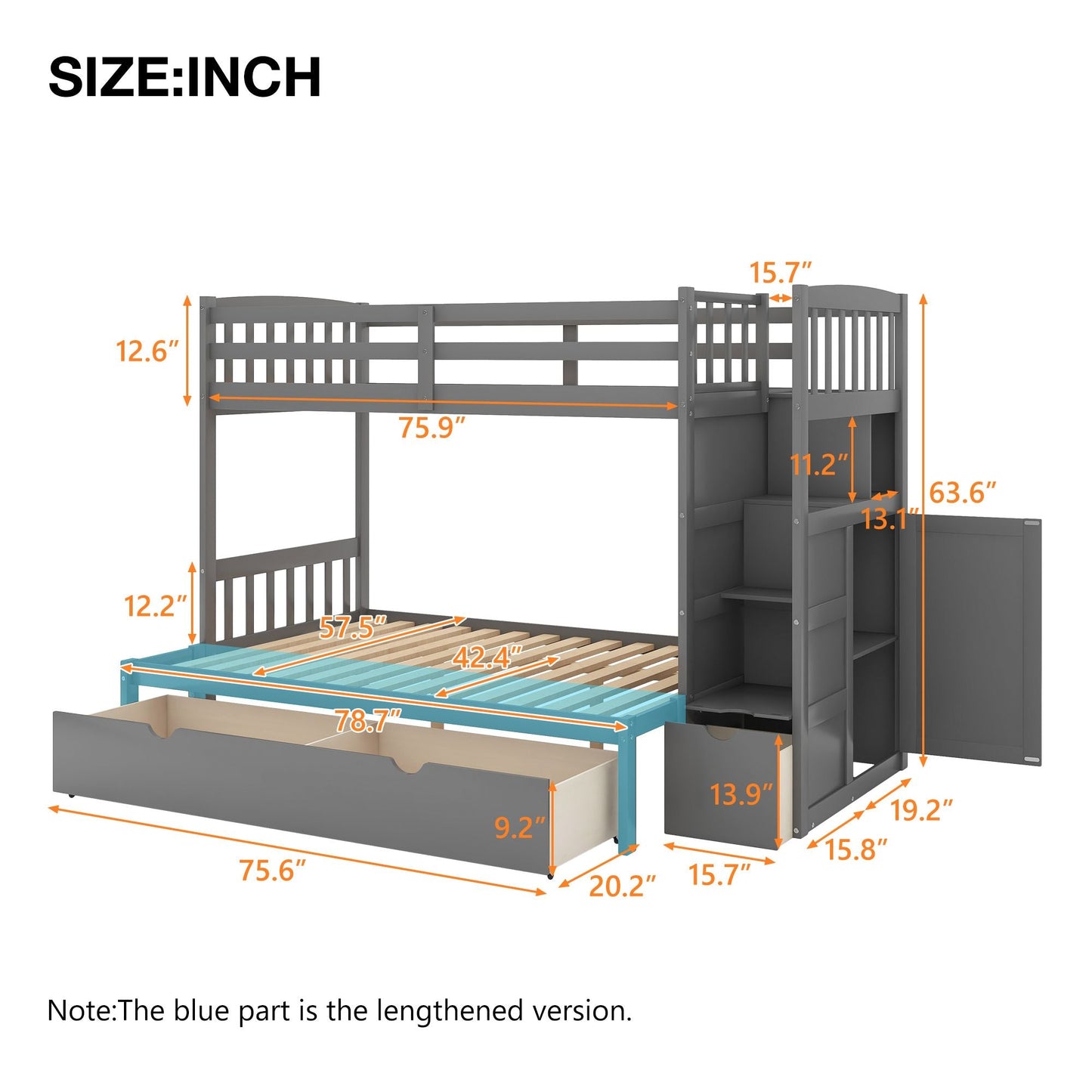 Convertible Twin Over Full/Twin Wood Bunk Bed with Storage Shelves and Drawers, Gray | Just Better Bunk Beds