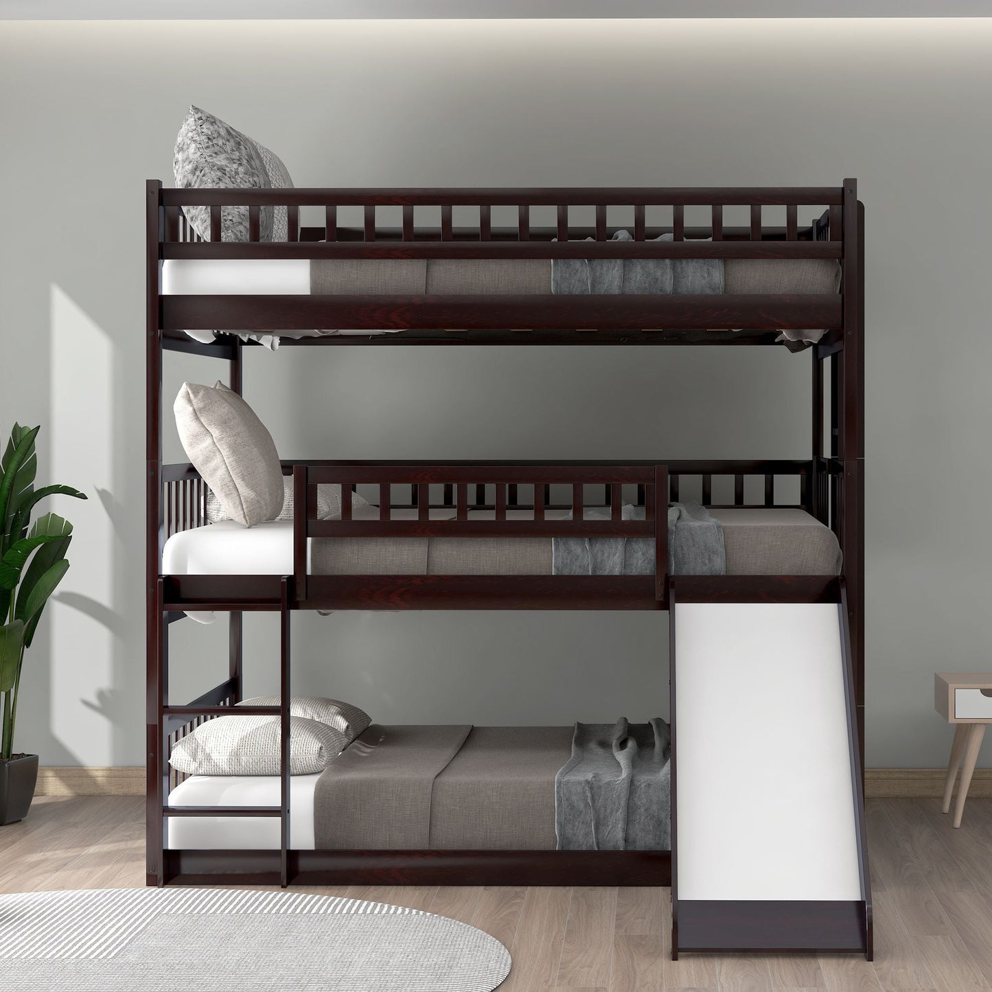 Shared Room Solution Full Over Full Over Full Wood Triple Bunk Bed with Ladder, Slide, Guardrails, Espresso | Just Better Bunk Beds